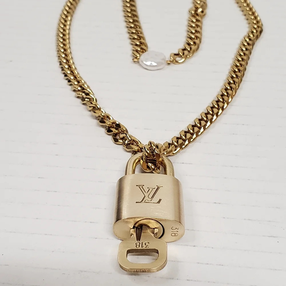 Authentic Louis Vuitton Gold Padlock W/unbranded Cuban Style Stainless Chain